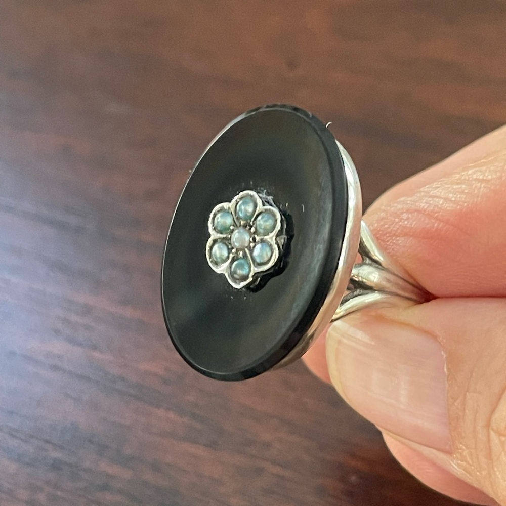 Antique Victorian style black onyx & pearl solid sterling silver size 6.75 ring - Picture 1 of 10